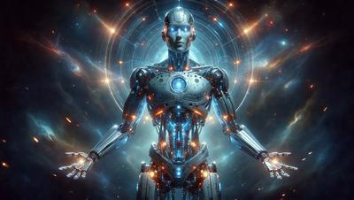 Primary subject: A robot with a blue and silver color scheme.

Setting/background: The robot is standing in a space with a blue and orange background.

Visual style: The robot is a digital art creation.

Colors and mood: The robot has a blue and silver color scheme, giving it a futuristic and technological appearance.